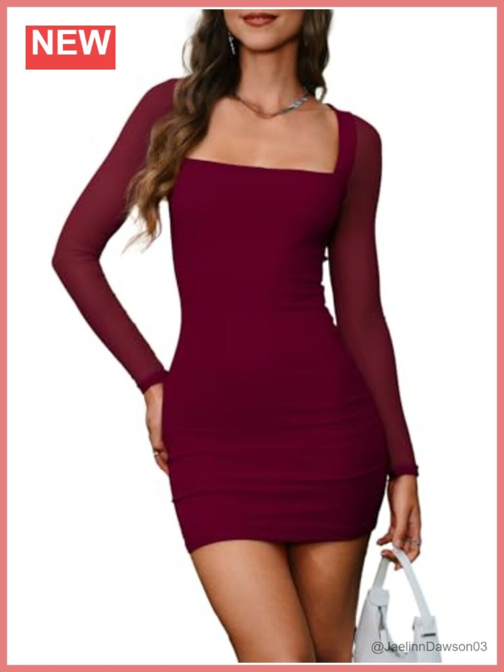 Women's Mesh Long Sleeve Square Neck Tie Back Mini Dress Bodycon